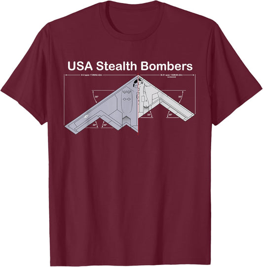 USA Stealth Bombers B-21 Raider VS B-2 Spirit Specs B21 T-Shirt - T-Shirt | Maroon