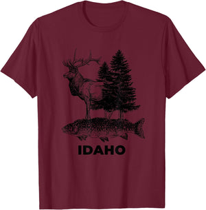 Idaho Vacation and Elk Trout Fish T-Shirt - T-Shirt | Maroon