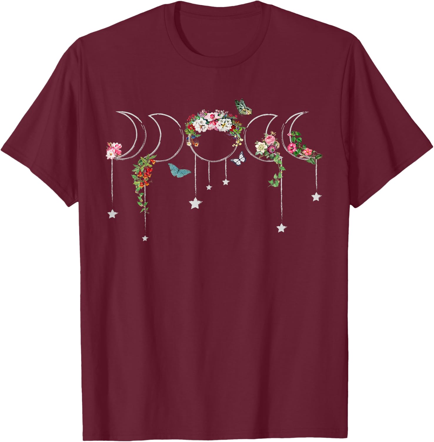 Witchcore Aesthetic Floral Moonphase and Butterflies T-Shirt - T-Shirt | Maroon