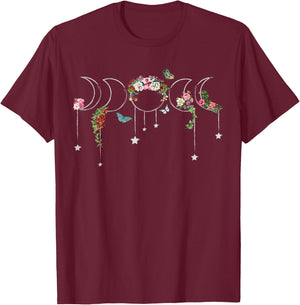 Witchcore Aesthetic Floral Moonphase and Butterflies T-Shirt - T-Shirt | Maroon