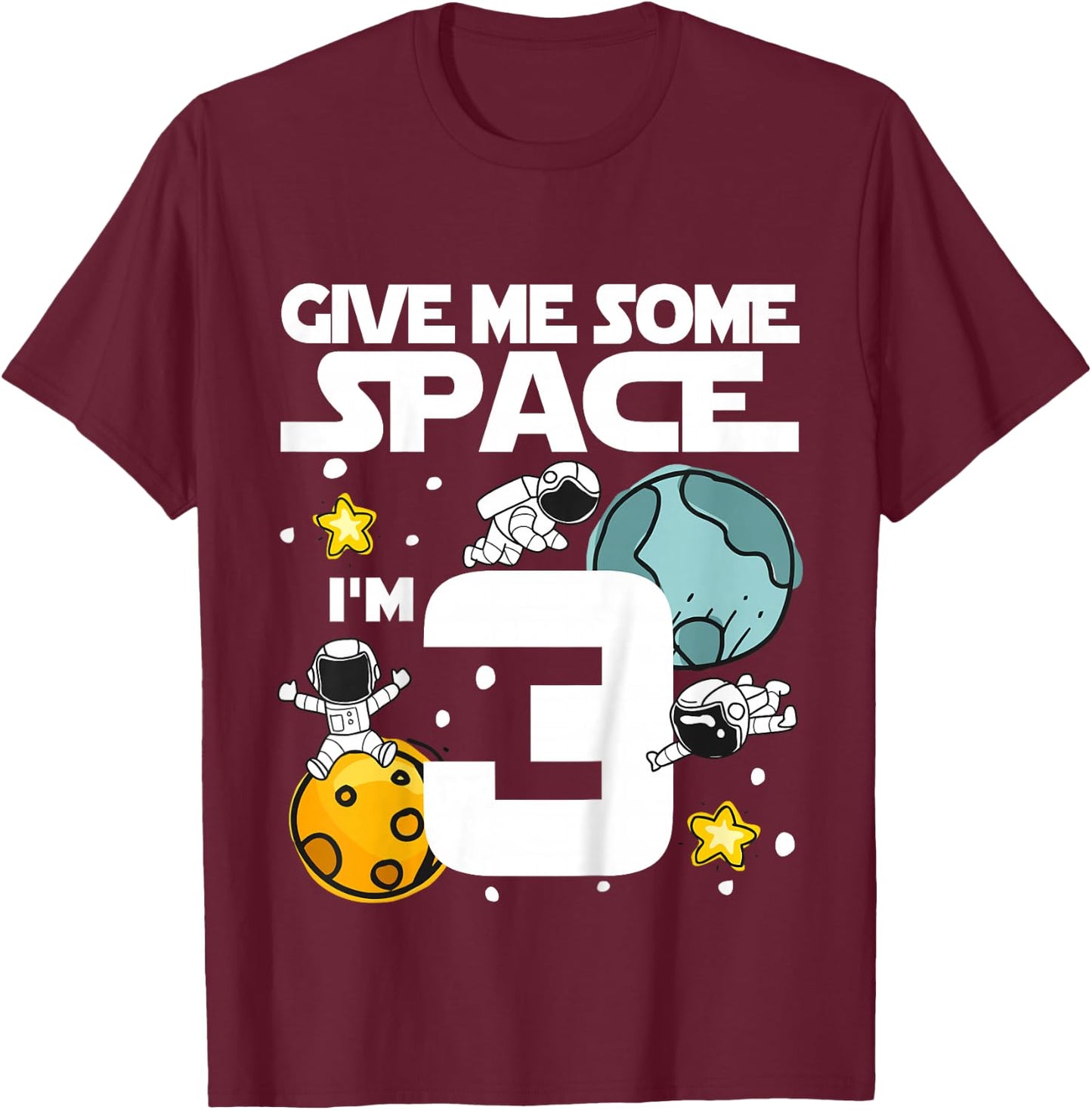 Kids 3 Year Old Outer Space Birthday Planets Astronaut 3rd Gift T-Shirt - T-Shirt | Maroon