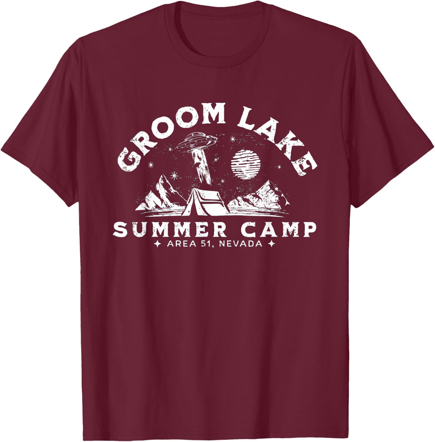 Groom Lake Summer Camp - Funny Area 51 Alien UFO Graphic T-Shirt - T-Shirt | Maroon