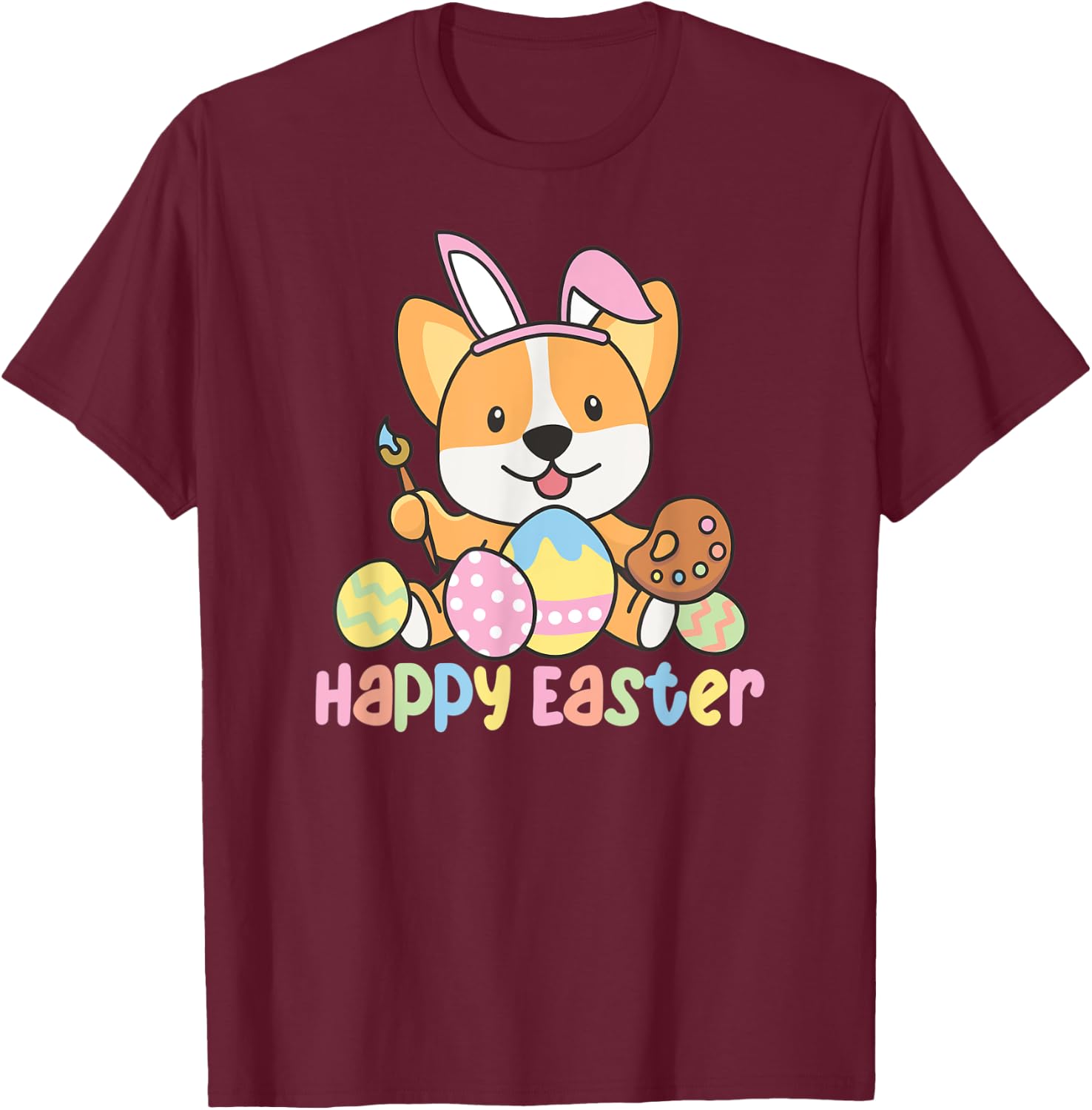 Happy Easter Cute Corgi At Easter With Easter Eggs T-Shirt - T-Shirt | Maroon