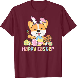 Happy Easter Cute Corgi At Easter With Easter Eggs T-Shirt - T-Shirt | Maroon