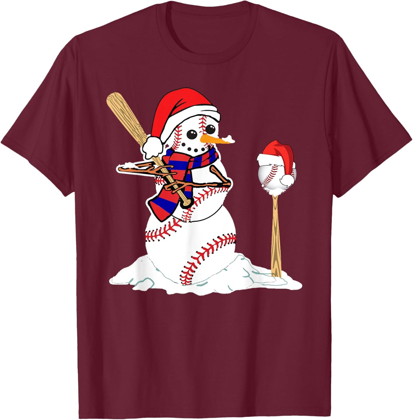 Baseball Christmas Snowman Playing Baseball T-Shirt - T-Shirt | Maroon