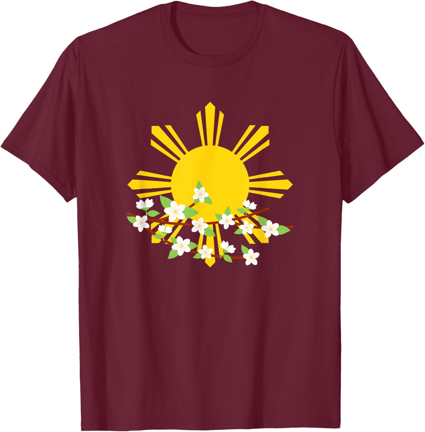 Philippines Sun and Sampaguita Flower | Pinoy Pinay Pride T-Shirt - T-Shirt | Maroon