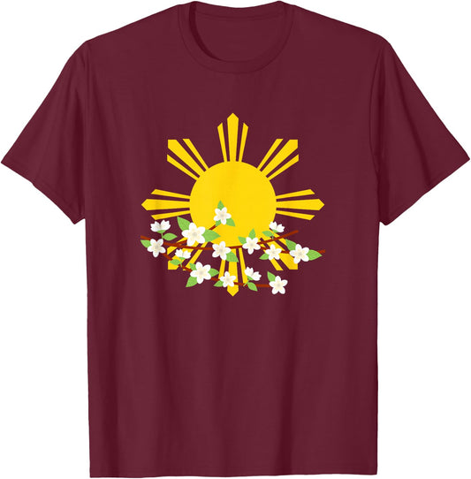 Philippines Sun and Sampaguita Flower | Pinoy Pinay Pride T-Shirt - T-Shirt | Maroon
