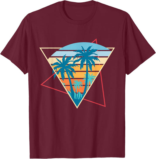 Retro Beach Sunset Vacation Palm Trees Tropical Summer T-Shirt - T-Shirt | Maroon