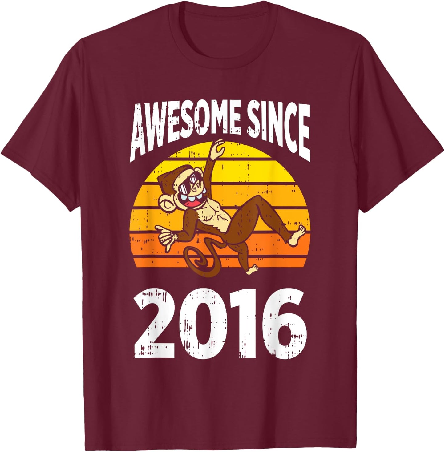 Monkey Awesome Since 2016 7th Birthday 7 Years Old T-Shirt - T-Shirt | Maroon
