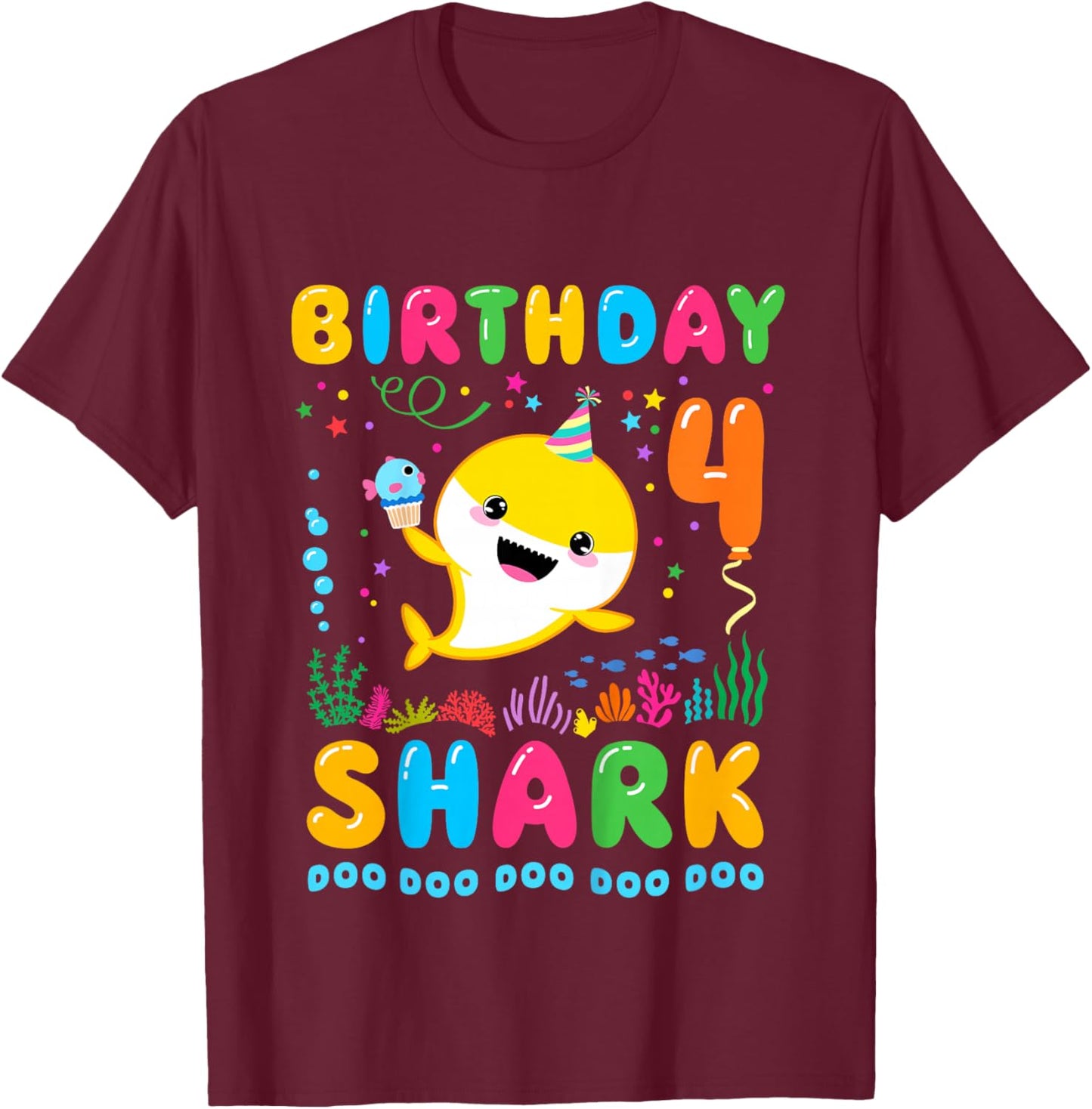 Kids Birthday Shark 4 Year Old Boy or Girl 4th Bday Kawaii T-Shirt - T-Shirt | Maroon