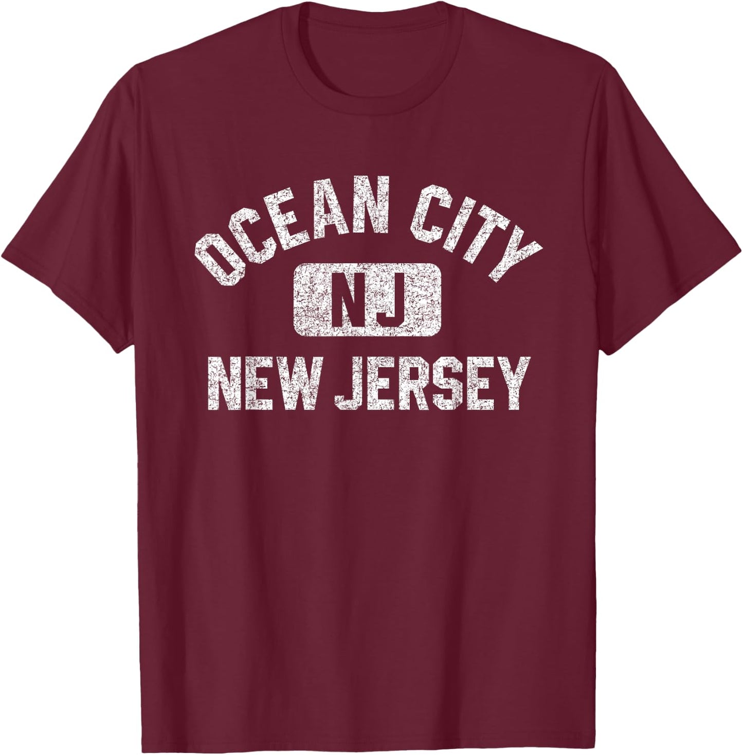 Ocean City New Jersey Gym Style Distressed White Print T-Shirt - T-Shirt | Maroon