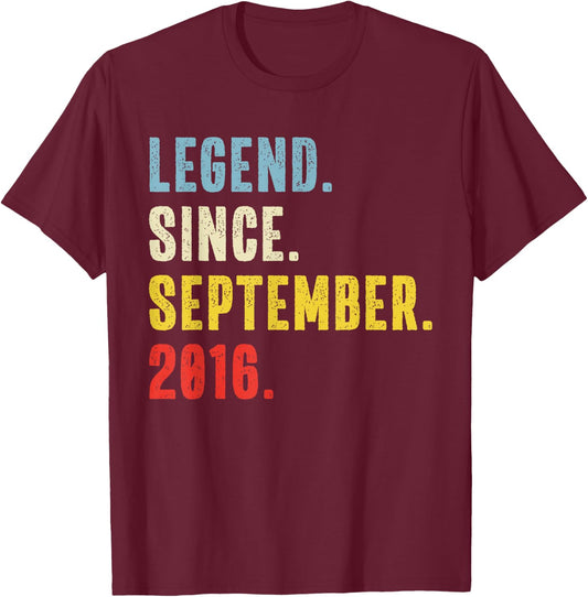 9 Year Old Legend Since September 2016 Retro 9th Birthday T-Shirt - T-Shirt | Maroon
