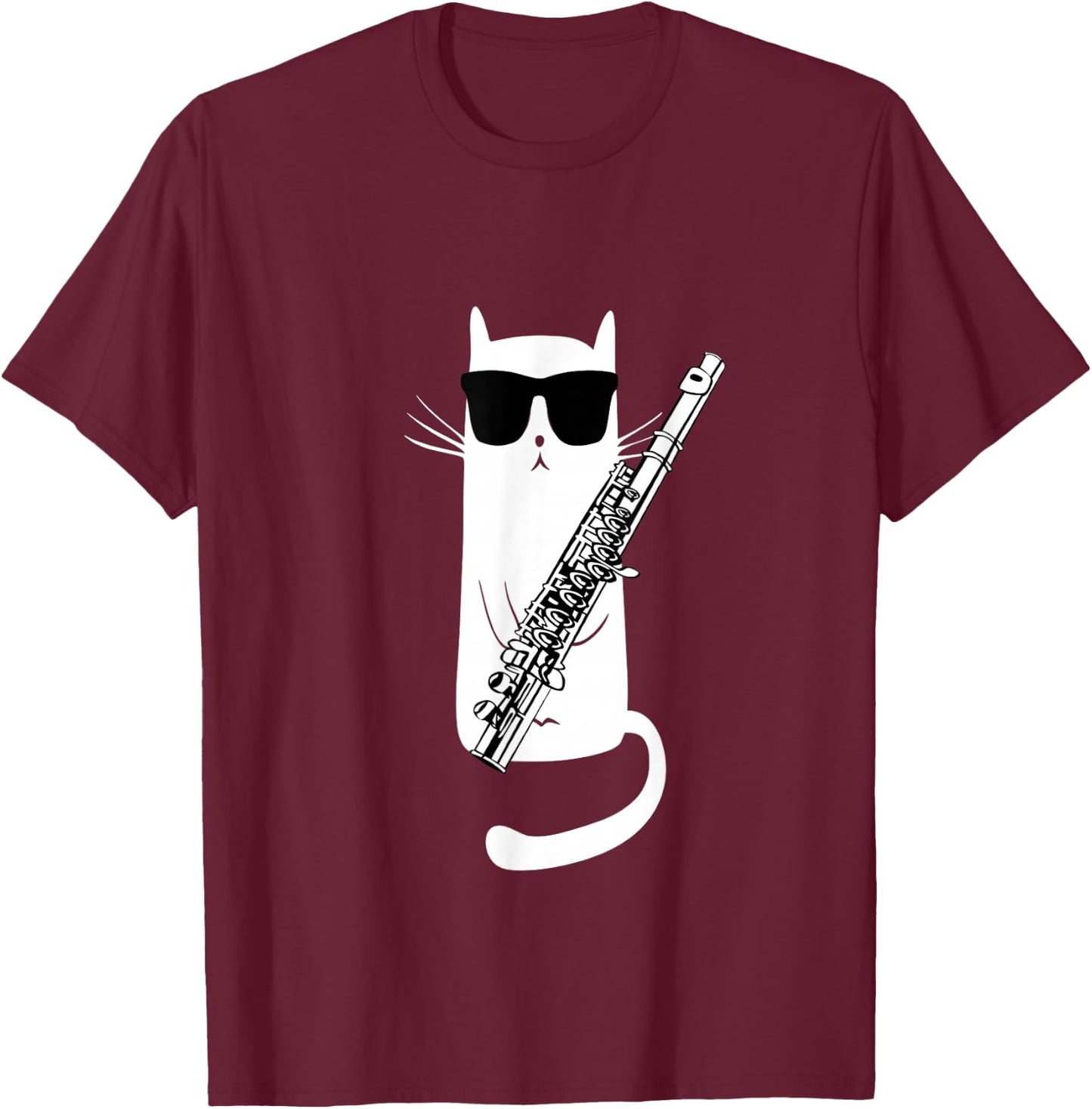 Funny Cat Wearing Sunglasses Playing Flute Small T-Shirt - T-Shirt | Maroon