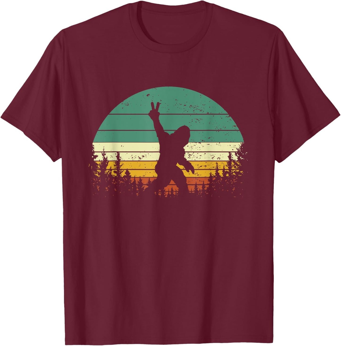 Sasquatch Peace Sign Funny Bigfoot Retro Yeti Sunset T-Shirt - T-Shirt | Maroon