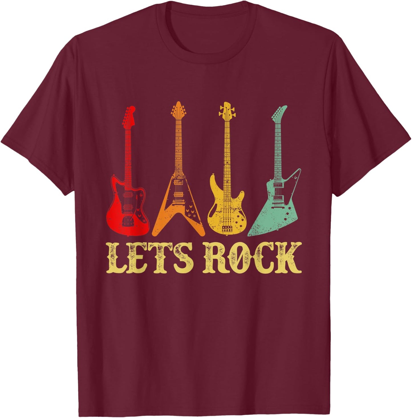 Vintage Retro Lets Rock Rock n Roll Guitar T-Shirt - T-Shirt | Maroon