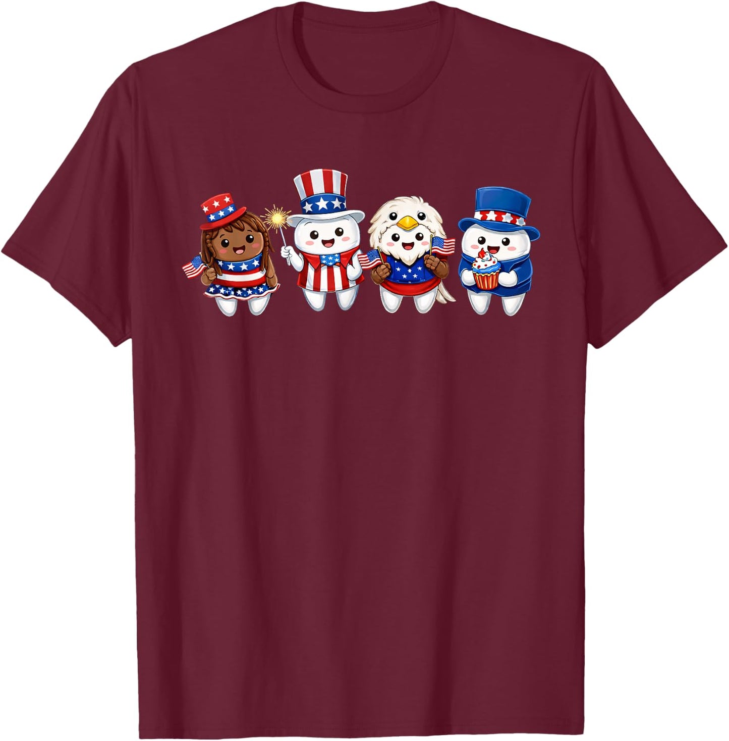 Fourth July Dentist Dental Office Tooth Team Funny Cartoon T-Shirt - T-Shirt | Maroon