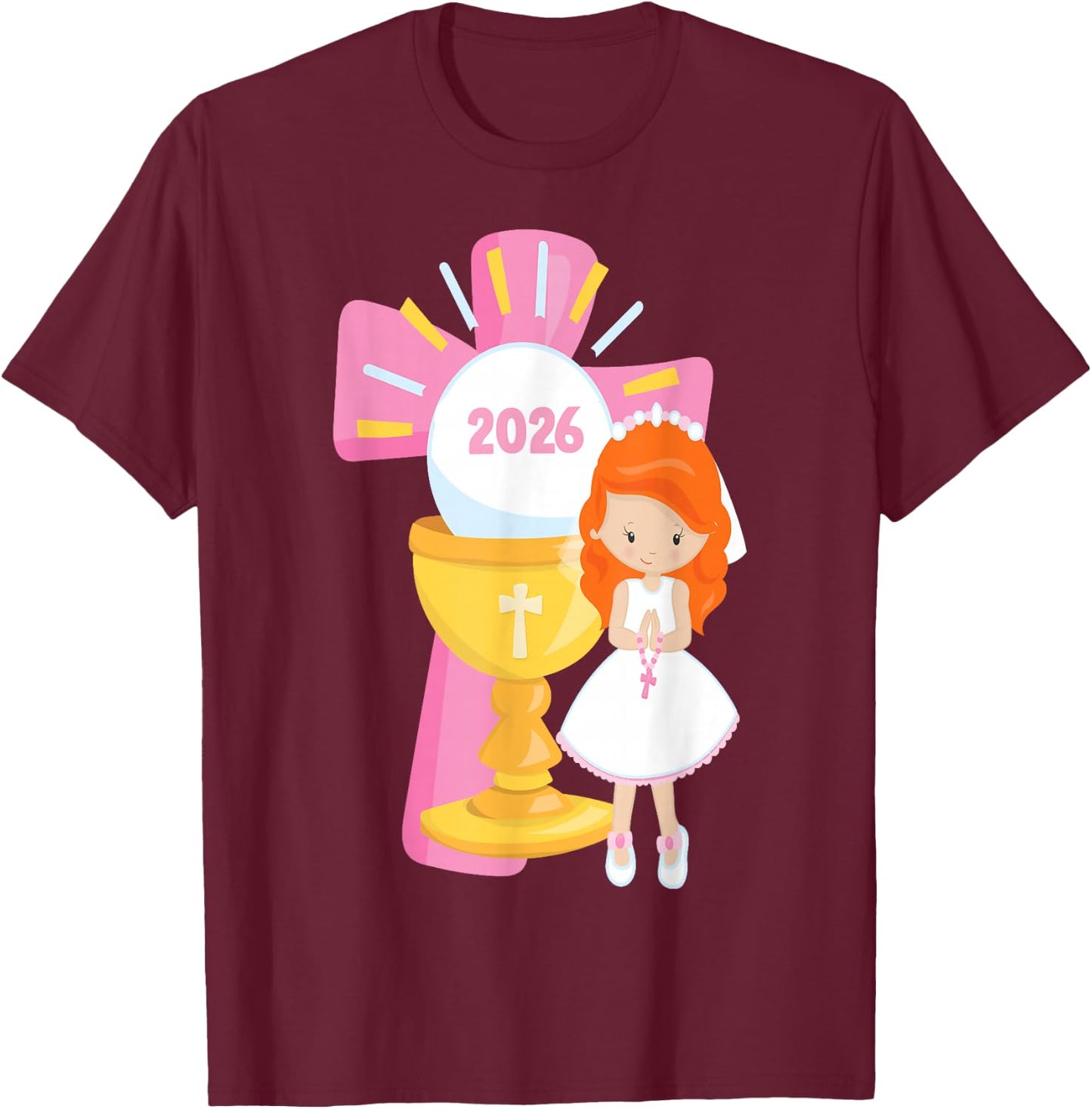 Redhead Girl First Communion 2026 Pink Cross Chalice Rosary T-Shirt - T-Shirt | Maroon