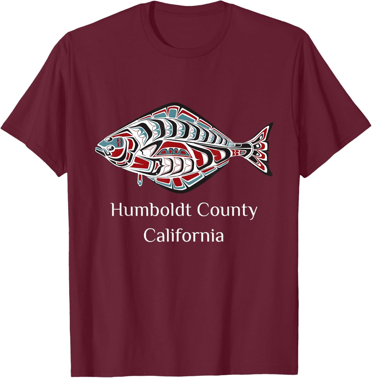 California Humboldt County Native American Style Halibut Art T-Shirt - T-Shirt | Maroon