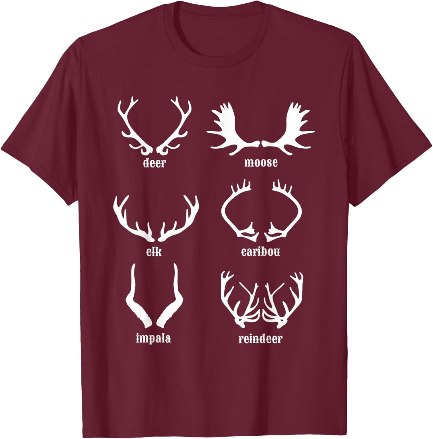 Types Of Antlers Elk Caribou Impala Reindeer Moose Deer Horn T-Shirt - T-Shirt | Maroon