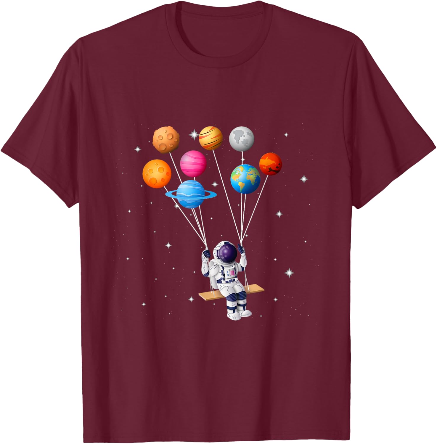 Astronaut Planet Swing Solar System Sun Earth Universe T-Shirt - T-Shirt | Maroon