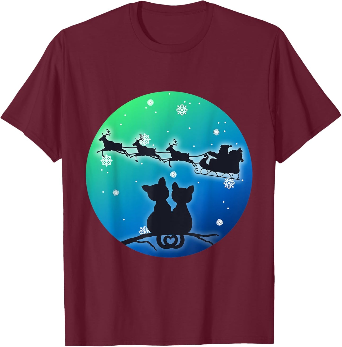 Christmas Santa Sleigh Reindeer Cats, Women Girls, Cat, Xmas T-Shirt - T-Shirt | Maroon