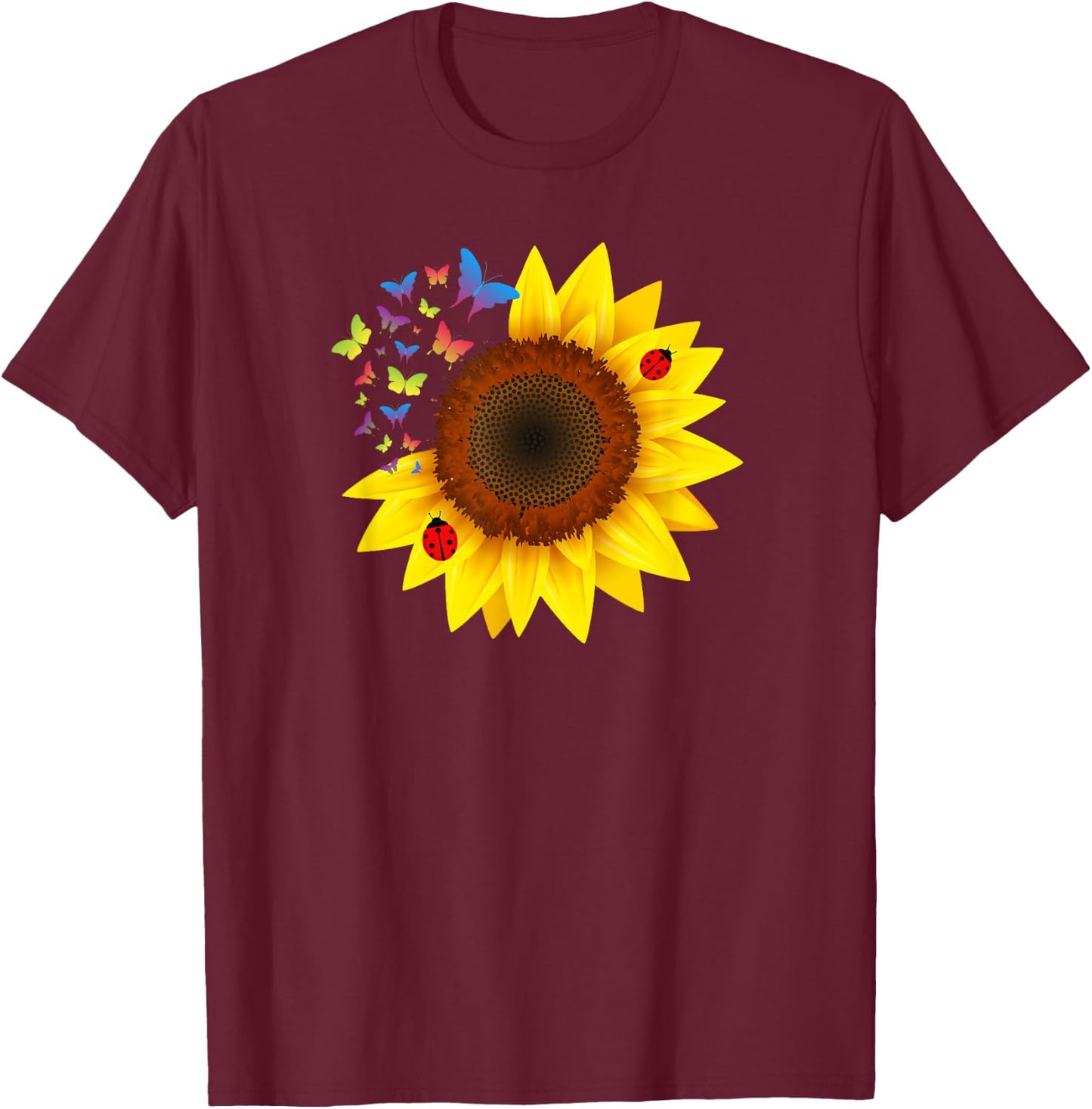 Sunflower, Ladybug, Butterflys, Design T-Shirt - T-Shirt | Maroon
