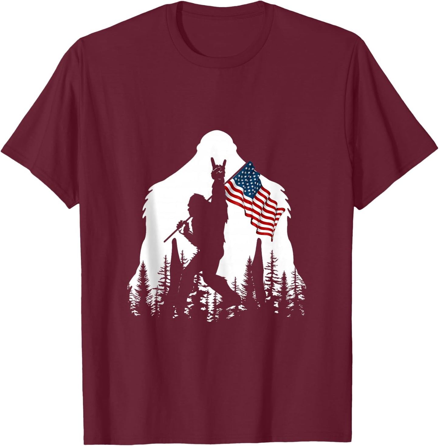 Bigfoot Rock On Hold American Flag Sasquatch Believers T-Shirt - T-Shirt | Maroon