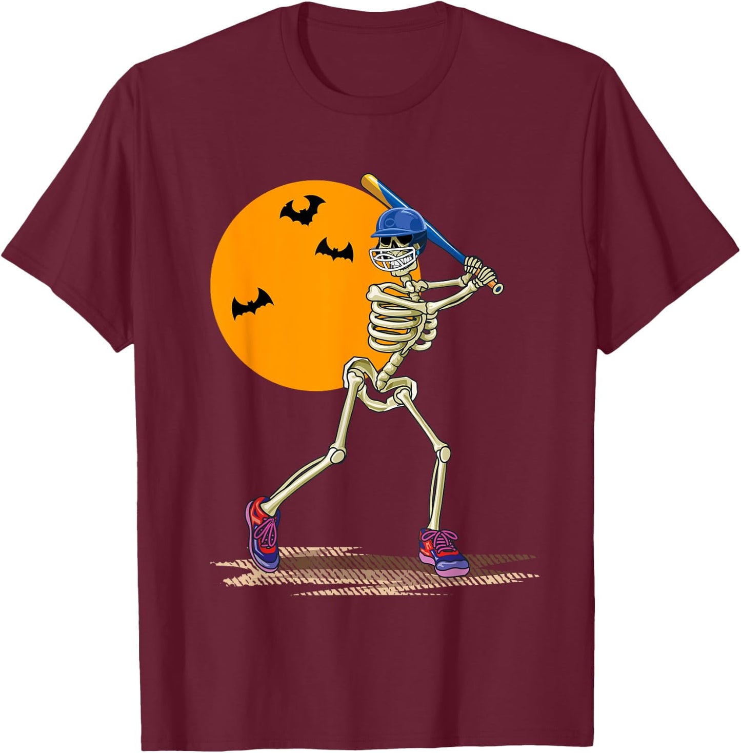 Baseball Skeleton Halloween Men Boys Baseball Halloween T-Shirt - T-Shirt | Maroon
