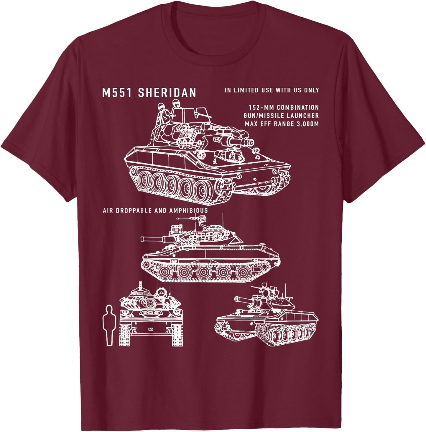 M551 Sheridan Airborne Tank Blueprint Identification T-Shirt - T-Shirt | Maroon