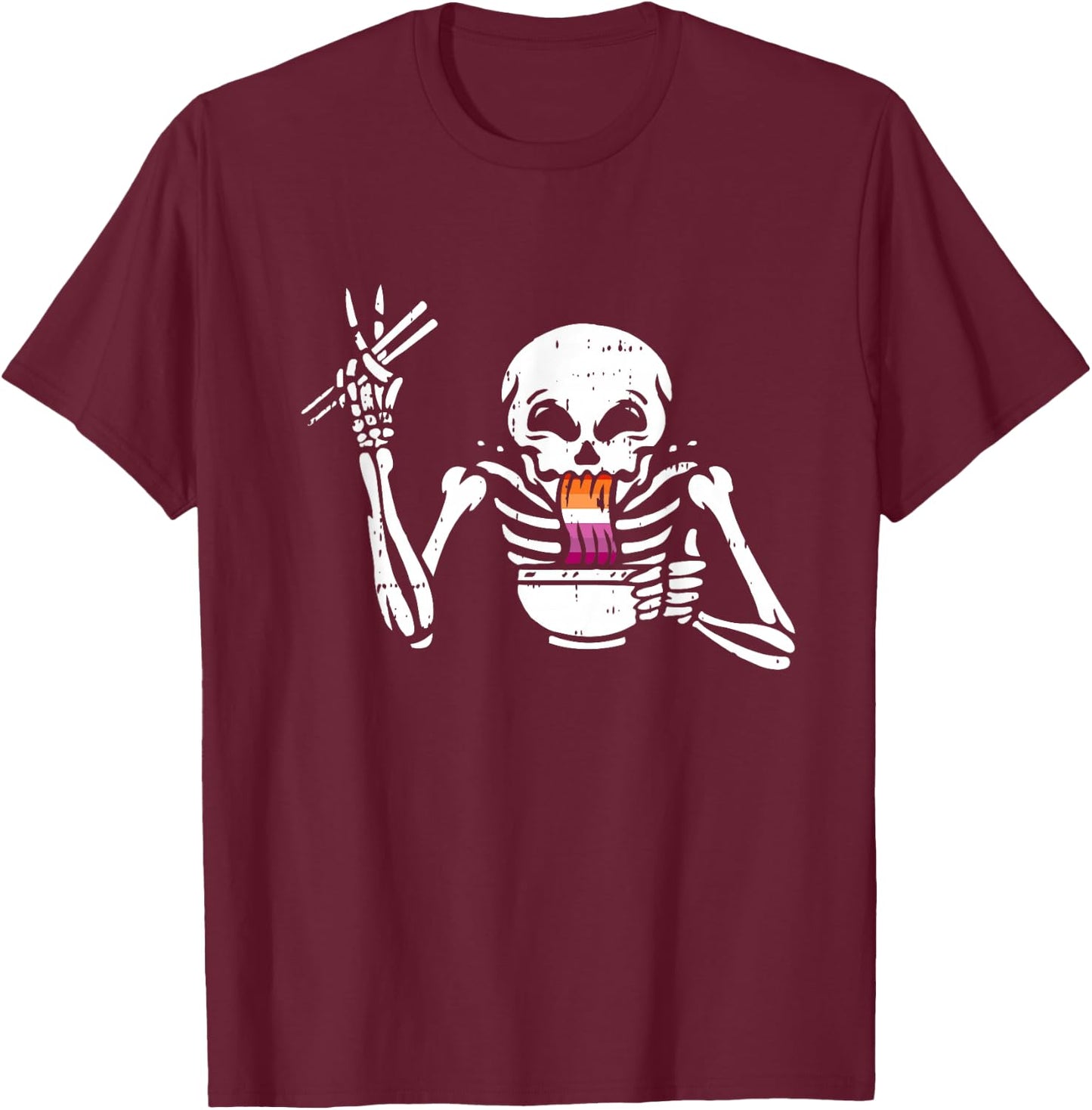 Eating Ramen Lesbian LGBT-Q Pride Japanese Skeleton T-Shirt - T-Shirt | Maroon