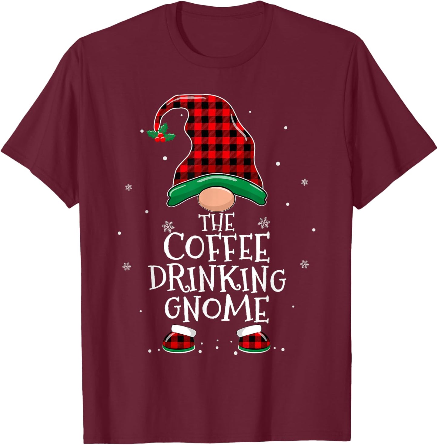 Coffee Drinking Gnome Xmas Family Matching Funny Christmas T-Shirt - T-Shirt | Maroon