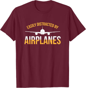 Easily Distracted By Airplanes Pilot Aviation Airplane T-Shirt - T-Shirt | Maroon