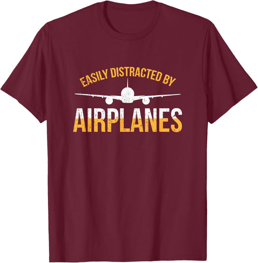 Easily Distracted By Airplanes Pilot Aviation Airplane T-Shirt - T-Shirt | Maroon