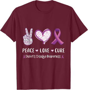 Peace Love cure crohn's disease awareness men women kids IBD T-Shirt - T-Shirt | Maroon