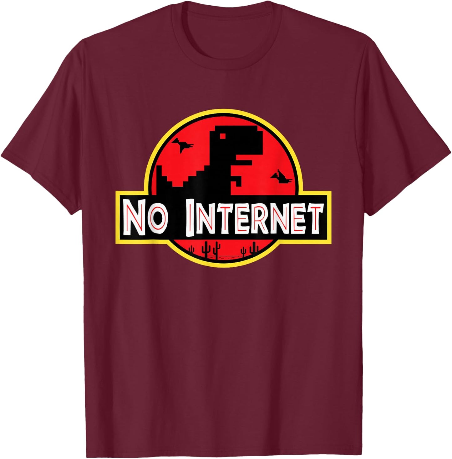 No Internet T-Rex Dino Nerdy 8-Bit T-Shirt - T-Shirt | Maroon