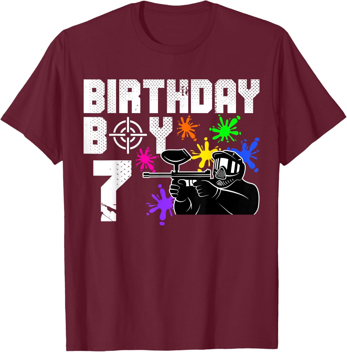 7th Birthday Paintball Outdoor Sport 7 Year Old Funny B-Day T-Shirt - T-Shirt | Maroon