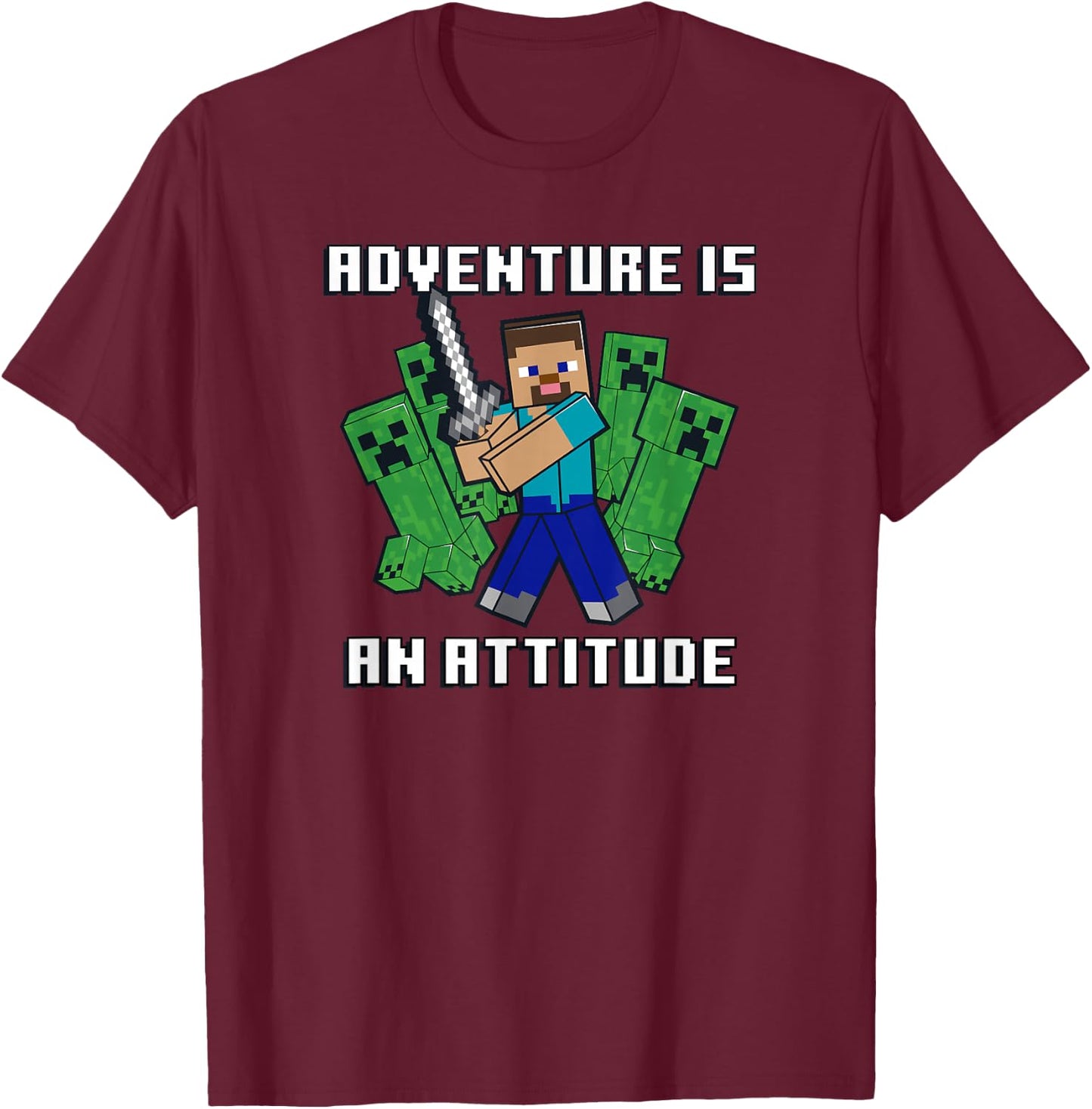Minecraft Steve Fights Creepers Adventure T-Shirt - T-Shirt | Maroon