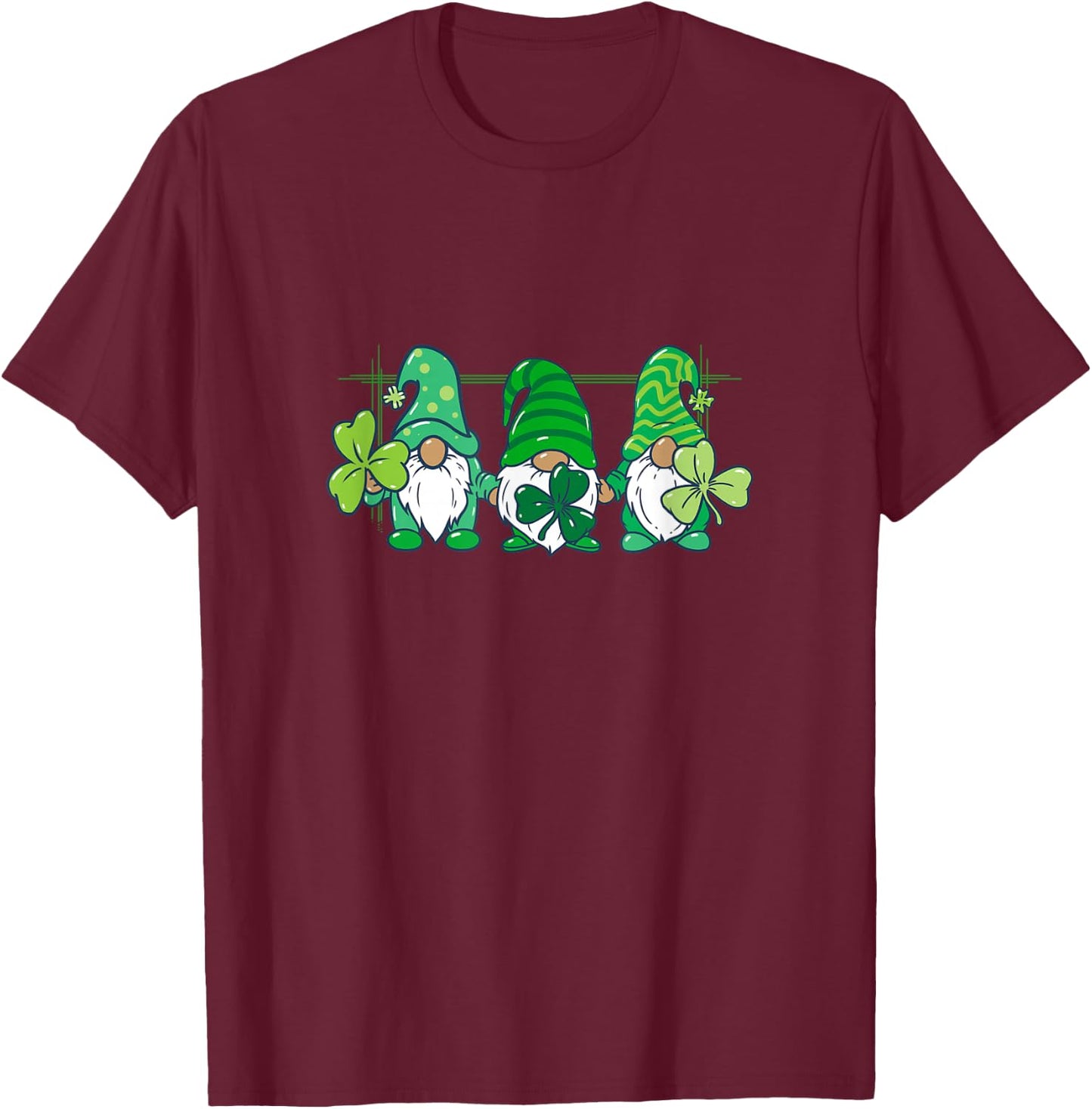 Three Gnomes Holding Irish Clover Shamrock St Patrick's Day T-Shirt - T-Shirt | Maroon