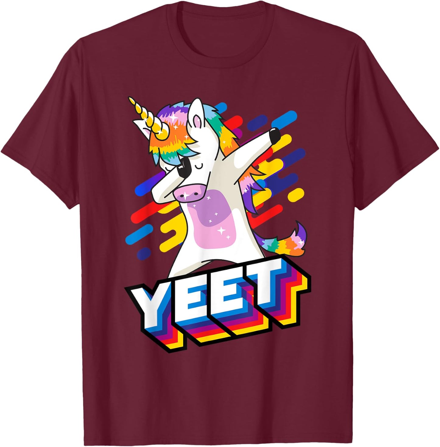 Colorful Dabbing Dancing Unicorn Celebration Yeet T-Shirt - T-Shirt | Maroon