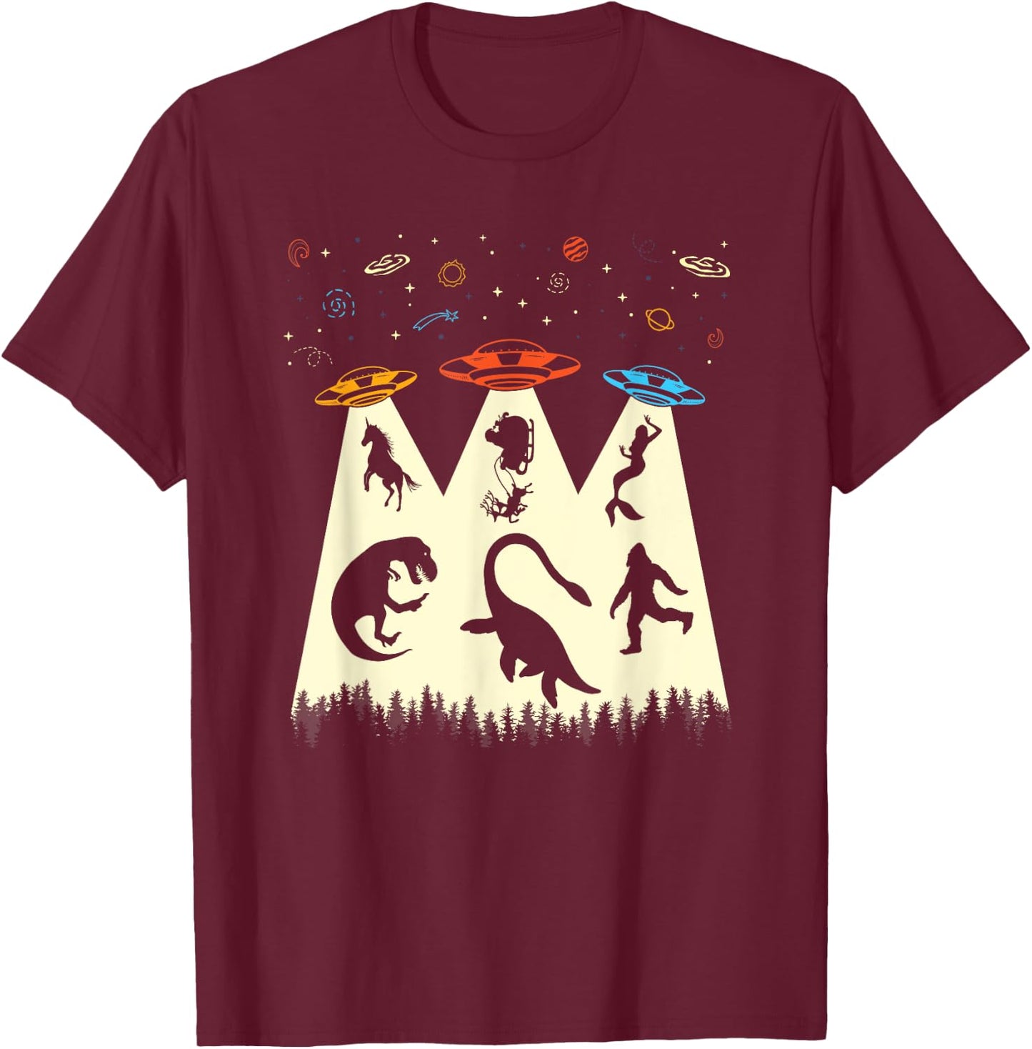 Funny UFO Shirt T-Rex Unicorn Bigfoot Alien Abduction T-Shirt - T-Shirt | Maroon