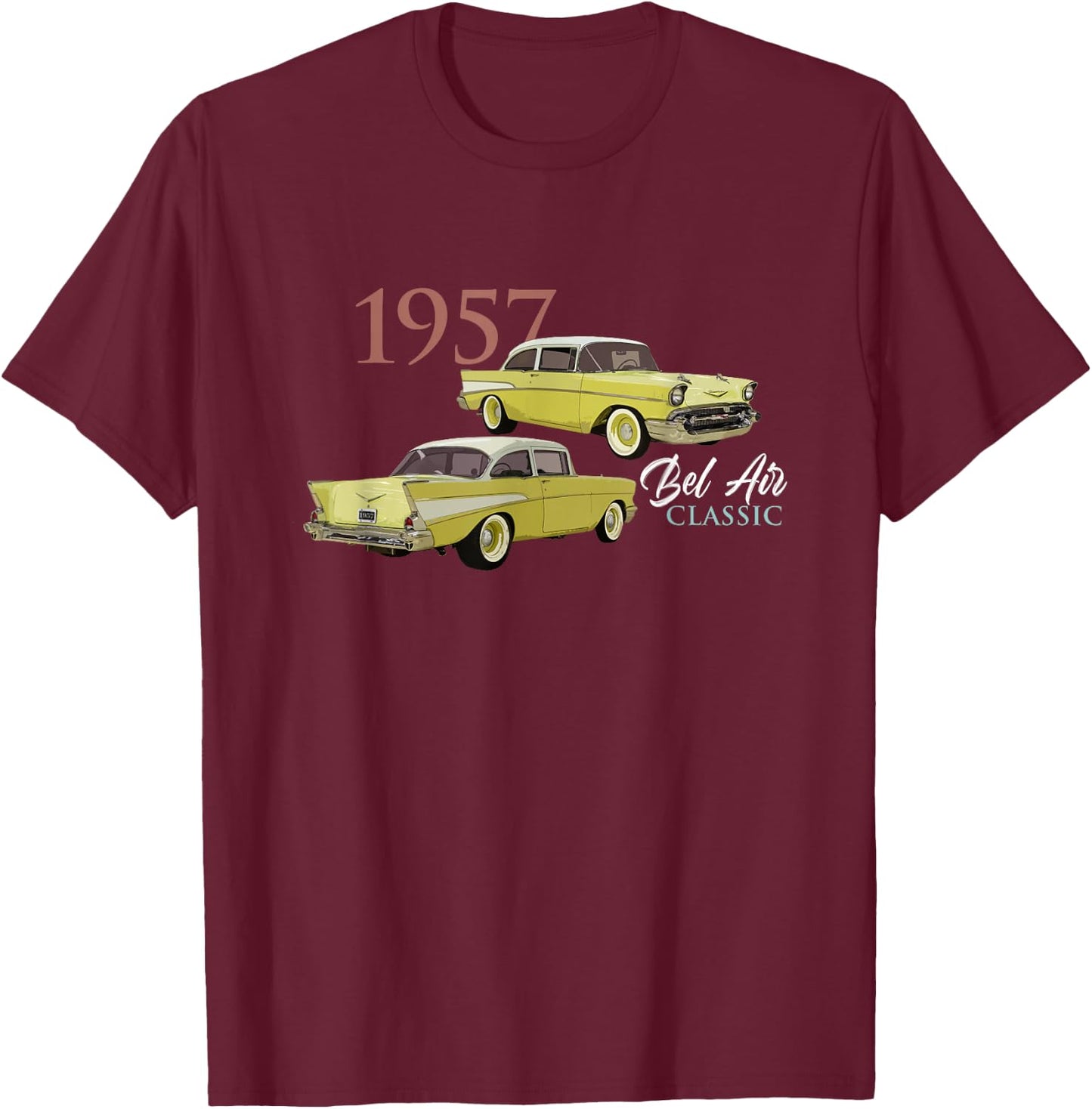 Vintage Cars, Classic Cars, 1957 BEL AIR, 1950'S, Yellow CAR T-Shirt - T-Shirt | Maroon