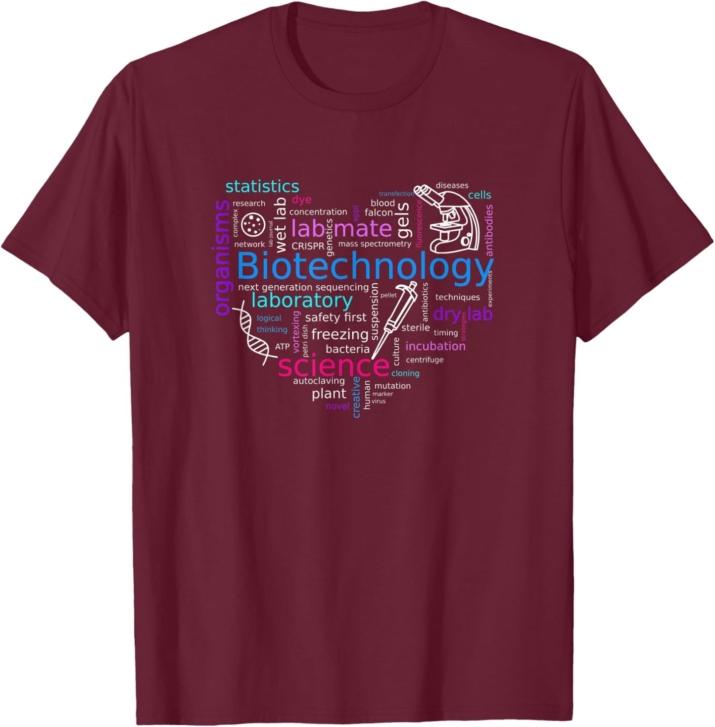 Word cloud biotech with microscope, pipette and dna T-Shirt - T-Shirt | Maroon
