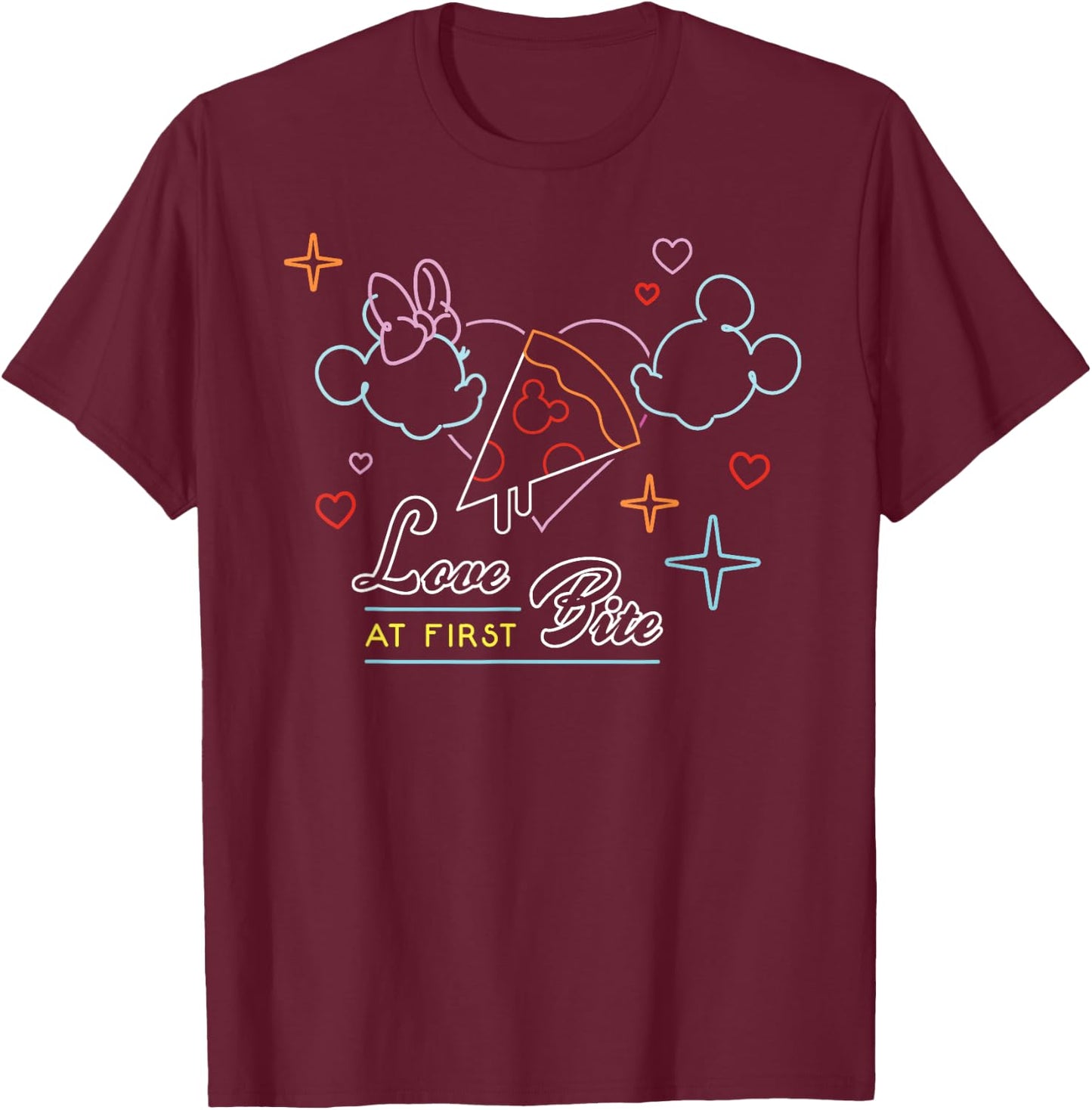 Disney Mickey and Minnie Mouse Neon Pizza Love At First Bite T-Shirt - T-Shirt | Maroon