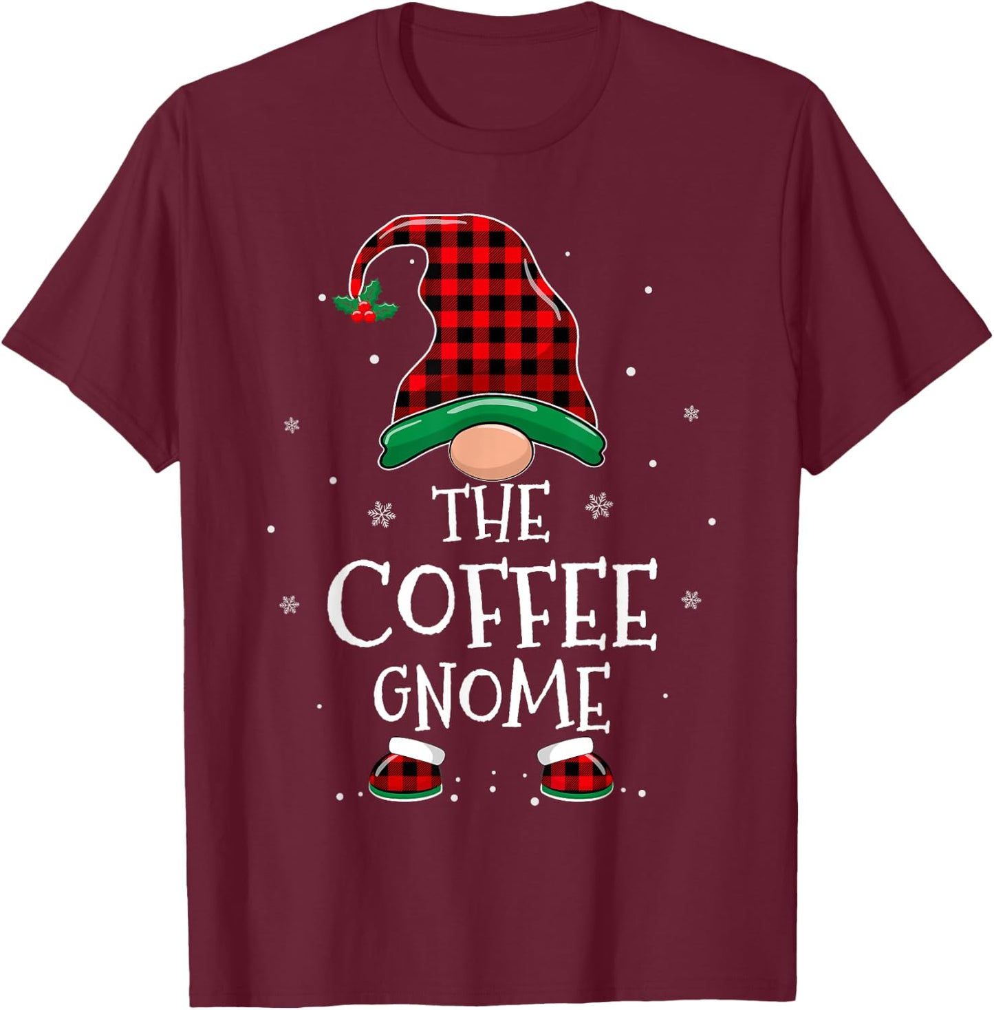 The Coffee Gnome Xmas Family Matching Plaid Christmas Gnomes T-Shirt - T-Shirt | Maroon