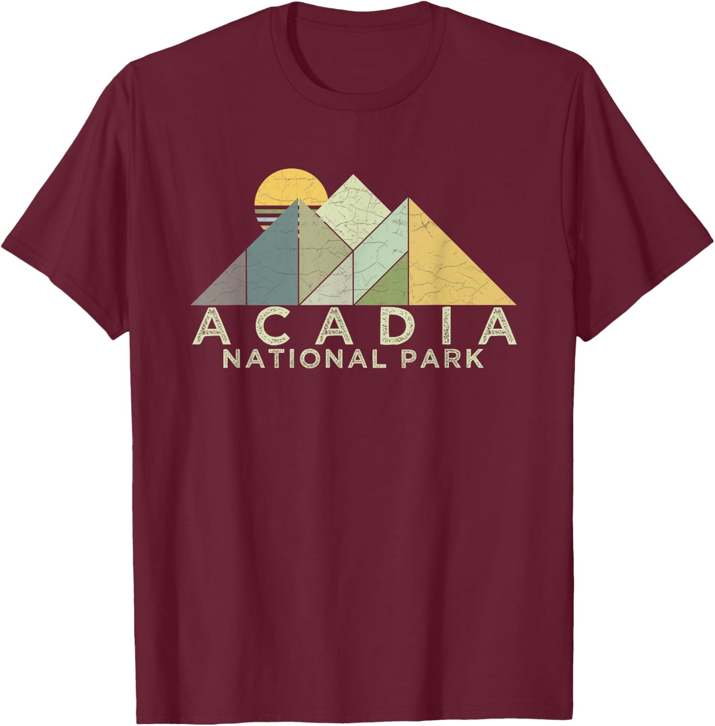 Retro Acadia National Park Distressed Hiking T-Shirt - T-Shirt | Maroon