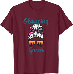 Funny Camping Hair Messy Bun Outdoor Glamping Queen T-Shirt - T-Shirt | Maroon