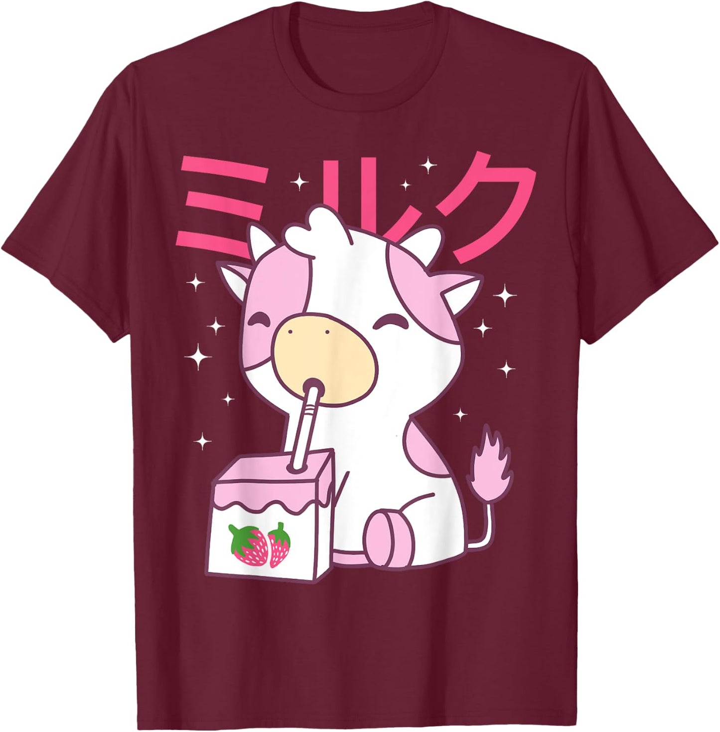 Strawberry Milk Drinking Cute Kawaii Cow T-Shirt - T-Shirt | Maroon