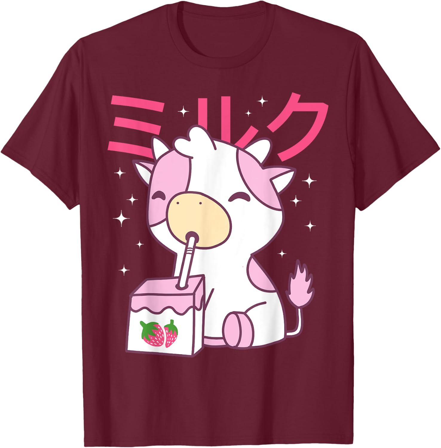 Strawberry Milk Drinking Cute Kawaii Cow T-Shirt - T-Shirt | Maroon
