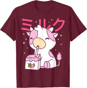 Strawberry Milk Drinking Cute Kawaii Cow T-Shirt - T-Shirt | Maroon