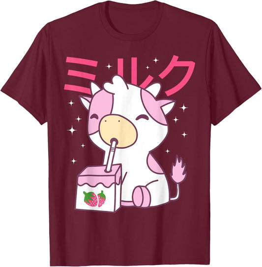 Strawberry Milk Drinking Cute Kawaii Cow T-Shirt - T-Shirt | Maroon